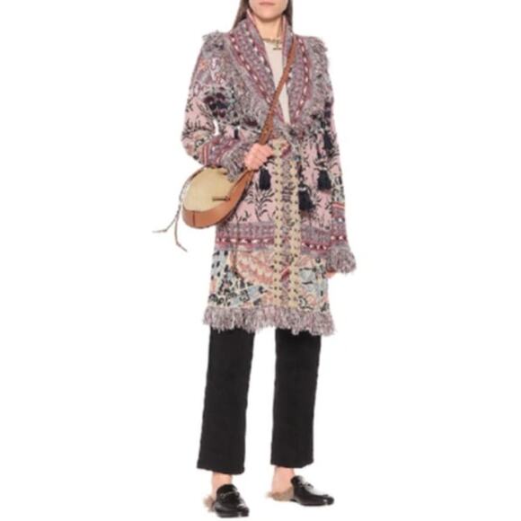 ETRO Jacquard Knitted Linen Cotton Blend Boho Fringe Tassel Cappotto Cardigan 40 - Picture 1 of 12